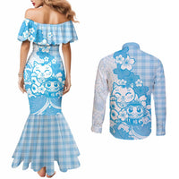 Blue Palaka Hawaiian And Japanese Couples Matching Mermaid Dress and Long Sleeve Button Shirt Maneki Neko And Sakura Bloom