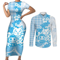 Blue Palaka Hawaiian And Japanese Couples Matching Short Sleeve Bodycon Dress and Long Sleeve Button Shirt Maneki Neko And Sakura Bloom