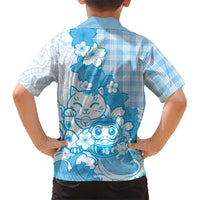 Blue Palaka Hawaiian And Japanese Family Matching Long Sleeve Bodycon Dress and Hawaiian Shirt Maneki Neko And Sakura Bloom