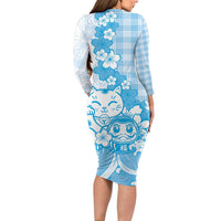 Blue Palaka Hawaiian And Japanese Family Matching Long Sleeve Bodycon Dress and Hawaiian Shirt Maneki Neko And Sakura Bloom