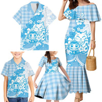Blue Palaka Hawaiian And Japanese Family Matching Mermaid Dress and Hawaiian Shirt Maneki Neko And Sakura Bloom