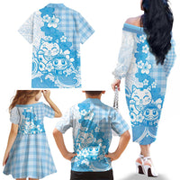 Blue Palaka Hawaiian And Japanese Family Matching Off The Shoulder Long Sleeve Dress and Hawaiian Shirt Maneki Neko And Sakura Bloom
