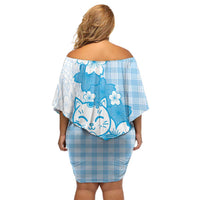 Blue Palaka Hawaiian And Japanese Family Matching Off Shoulder Short Dress and Hawaiian Shirt Maneki Neko And Sakura Bloom
