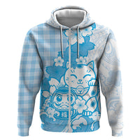 Blue Palaka Hawaiian And Japanese Hoodie Maneki Neko And Sakura Bloom DT05 Zip Hoodie Blue - Polynesian Pride