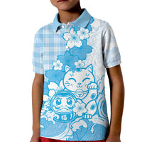 Blue Palaka Hawaiian And Japanese Kid Polo Shirt Maneki Neko And Sakura Bloom DT05 Kid Blue - Polynesian Pride