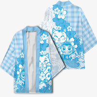 Blue Palaka Hawaiian And Japanese Kimono Maneki Neko And Sakura Bloom DT05 - Polynesian Pride