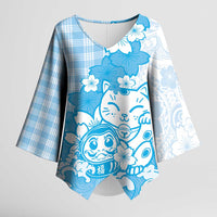 Blue Palaka Hawaiian And Japanese Kimono Sleeve Blouse Maneki Neko And Sakura Bloom DT05 Female Blue - Polynesian Pride