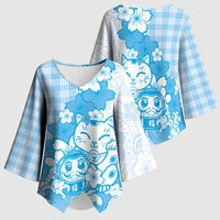 Blue Palaka Hawaiian And Japanese Kimono Sleeve Blouse Maneki Neko And Sakura Bloom DT05 - Polynesian Pride