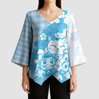 Blue Palaka Hawaiian And Japanese Kimono Sleeve Blouse Maneki Neko And Sakura Bloom DT05 - Polynesian Pride