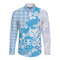 Blue Palaka Hawaiian And Japanese Long Sleeve Button Shirt Maneki Neko And Sakura Bloom DT05 Unisex Blue - Polynesian Pride