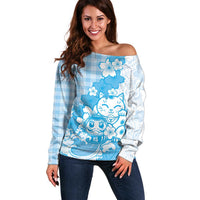 Blue Palaka Hawaiian And Japanese Off Shoulder Sweater Maneki Neko And Sakura Bloom DT05 Women Blue - Polynesian Pride