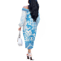 Blue Palaka Hawaiian And Japanese Off The Shoulder Long Sleeve Dress Maneki Neko And Sakura Bloom DT05 - Polynesian Pride