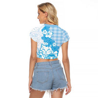 Blue Palaka Hawaiian And Japanese Raglan Cropped T Shirt Maneki Neko And Sakura Bloom DT05 - Polynesian Pride