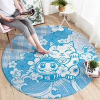 Blue Palaka Hawaiian And Japanese Round Carpet Maneki Neko And Sakura Bloom DT05 - Polynesian Pride