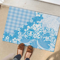 Blue Palaka Hawaiian And Japanese Rubber Doormat Maneki Neko And Sakura Bloom DT05 - Polynesian Pride