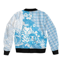 Blue Palaka Hawaiian And Japanese Sleeve Zip Bomber Jacket Maneki Neko And Sakura Bloom DT05 - Polynesian Pride