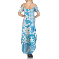 Blue Palaka Hawaiian And Japanese Summer Maxi Dress Maneki Neko And Sakura Bloom DT05 - Polynesian Pride