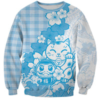 Blue Palaka Hawaiian And Japanese Sweatshirt Maneki Neko And Sakura Bloom DT05 Unisex Blue - Polynesian Pride