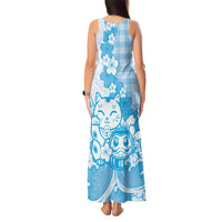 Blue Palaka Hawaiian And Japanese Tank Maxi Dress Maneki Neko And Sakura Bloom DT05 - Polynesian Pride
