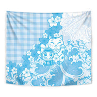 Blue Palaka Hawaiian And Japanese Tapestry Maneki Neko And Sakura Bloom DT05 - Polynesian Pride