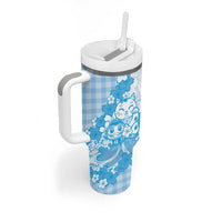 Blue Palaka Hawaiian And Japanese Tumbler With Handle Maneki Neko And Sakura Bloom DT05 - Polynesian Pride