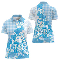 Blue Palaka Hawaiian And Japanese Women Polo Shirt Maneki Neko And Sakura Bloom DT05 - Polynesian Pride