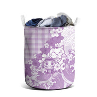Purple Palaka Hawaiian And Japanese Laundry Basket Maneki Neko And Sakura Bloom DT05 - Polynesian Pride