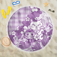 Purple Palaka Hawaiian And Japanese Beach Blanket Maneki Neko And Sakura Bloom DT05 One Size 150cm Purple - Polynesian Pride