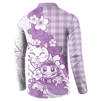 Purple Palaka Hawaiian And Japanese Button Sweatshirt Maneki Neko And Sakura Bloom DT05 - Polynesian Pride