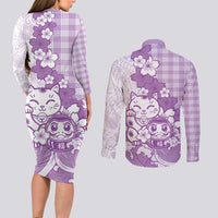 Purple Palaka Hawaiian And Japanese Couples Matching Long Sleeve Bodycon Dress and Long Sleeve Button Shirt Maneki Neko And Sakura Bloom