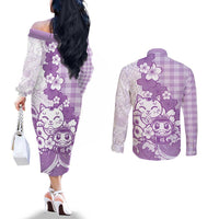 Purple Palaka Hawaiian And Japanese Couples Matching Off The Shoulder Long Sleeve Dress and Long Sleeve Button Shirt Maneki Neko And Sakura Bloom
