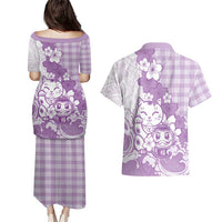Purple Palaka Hawaiian And Japanese Couples Matching Puletasi and Hawaiian Shirt Maneki Neko And Sakura Bloom