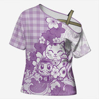 Purple Palaka Hawaiian And Japanese Cross Shoulder Shirt Maneki Neko And Sakura Bloom DT05 Female Purple - Polynesian Pride