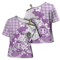 Purple Palaka Hawaiian And Japanese Cross Shoulder Shirt Maneki Neko And Sakura Bloom DT05 - Polynesian Pride