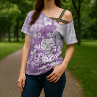 Purple Palaka Hawaiian And Japanese Cross Shoulder Shirt Maneki Neko And Sakura Bloom DT05 - Polynesian Pride