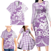 Purple Palaka Hawaiian And Japanese Family Matching Long Sleeve Bodycon Dress and Hawaiian Shirt Maneki Neko And Sakura Bloom