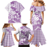 Purple Palaka Hawaiian And Japanese Family Matching Mermaid Dress and Hawaiian Shirt Maneki Neko And Sakura Bloom