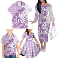 Purple Palaka Hawaiian And Japanese Family Matching Off The Shoulder Long Sleeve Dress and Hawaiian Shirt Maneki Neko And Sakura Bloom