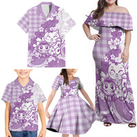 Purple Palaka Hawaiian And Japanese Family Matching Off Shoulder Maxi Dress and Hawaiian Shirt Maneki Neko And Sakura Bloom