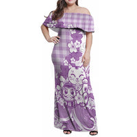 Purple Palaka Hawaiian And Japanese Family Matching Off Shoulder Maxi Dress and Hawaiian Shirt Maneki Neko And Sakura Bloom
