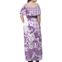 Purple Palaka Hawaiian And Japanese Family Matching Off Shoulder Maxi Dress and Hawaiian Shirt Maneki Neko And Sakura Bloom