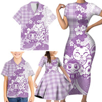 Purple Palaka Hawaiian And Japanese Family Matching Short Sleeve Bodycon Dress and Hawaiian Shirt Maneki Neko And Sakura Bloom