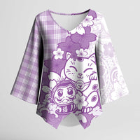 Purple Palaka Hawaiian And Japanese Kimono Sleeve Blouse Maneki Neko And Sakura Bloom DT05 Female Purple - Polynesian Pride