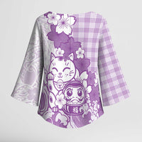 Purple Palaka Hawaiian And Japanese Kimono Sleeve Blouse Maneki Neko And Sakura Bloom DT05 - Polynesian Pride