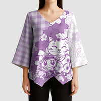 Purple Palaka Hawaiian And Japanese Kimono Sleeve Blouse Maneki Neko And Sakura Bloom DT05 - Polynesian Pride