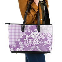Purple Palaka Hawaiian And Japanese Leather Tote Bag Maneki Neko And Sakura Bloom