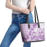 Purple Palaka Hawaiian And Japanese Leather Tote Bag Maneki Neko And Sakura Bloom