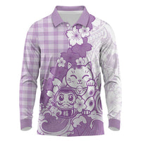 Purple Palaka Hawaiian And Japanese Long Sleeve Polo Shirt Maneki Neko And Sakura Bloom DT05 Purple - Polynesian Pride