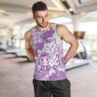 Purple Palaka Hawaiian And Japanese Men Tank Top Maneki Neko And Sakura Bloom DT05 Purple - Polynesian Pride