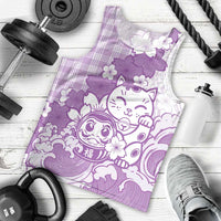 Purple Palaka Hawaiian And Japanese Men Tank Top Maneki Neko And Sakura Bloom DT05 - Polynesian Pride